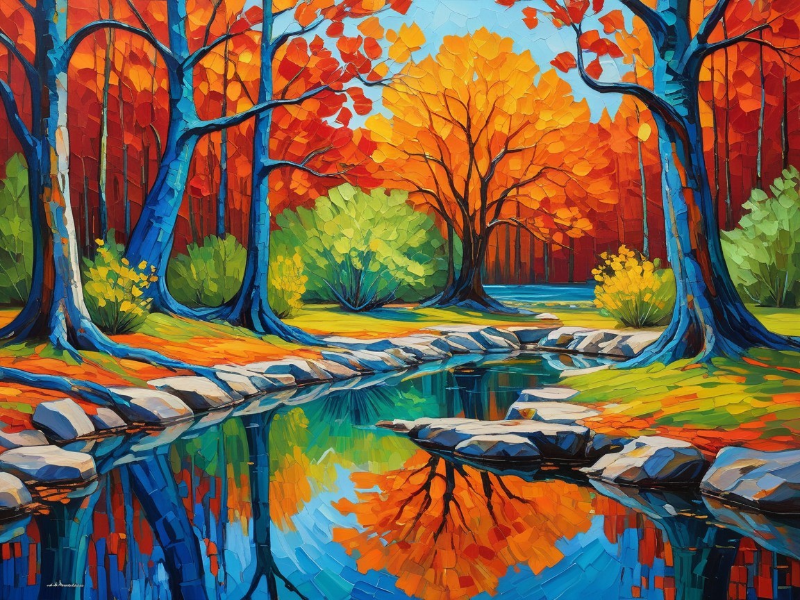 Autumn Landscape with Stream and Colorful Foliage