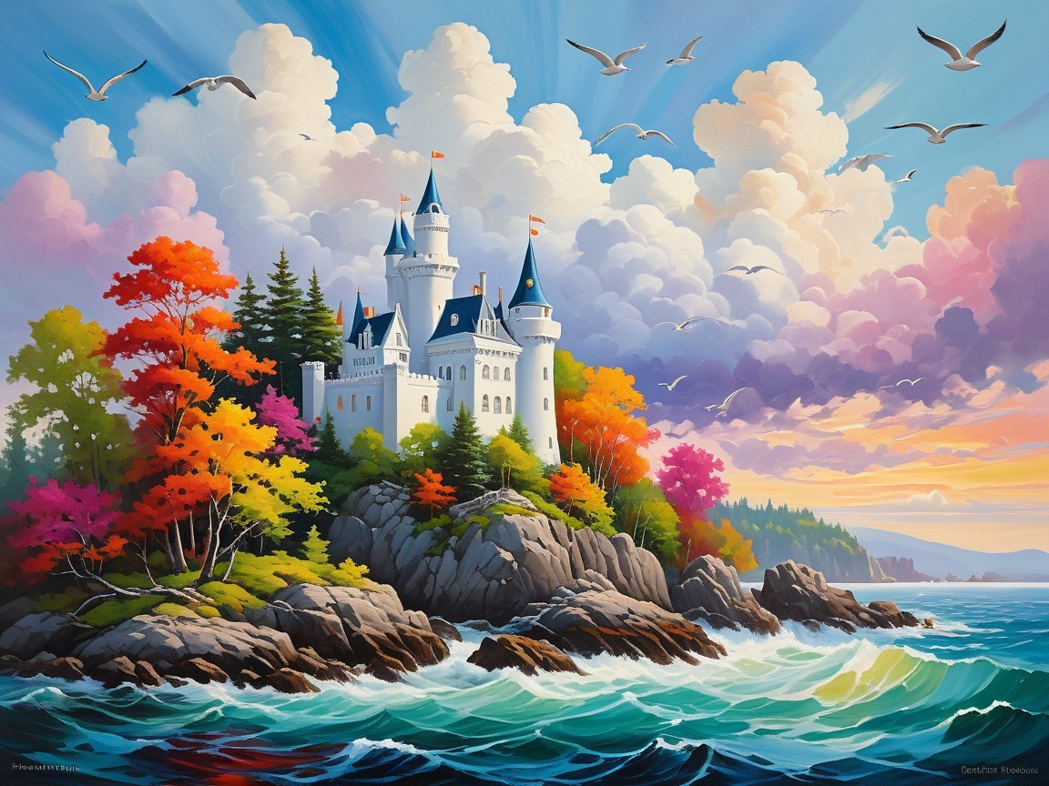 Castle on Cliffs Overlooking Vibrant Ocean at Sunset
