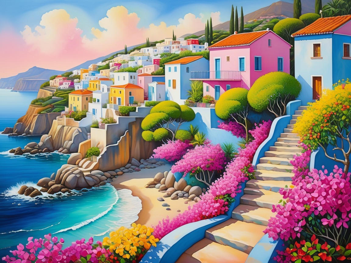 Vibrant Coastal Scene with Pastel Houses and Beach