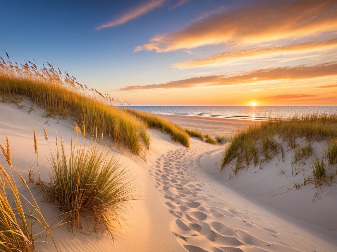 Serene Beach Sunset with Sand Dunes and Ocean Waves