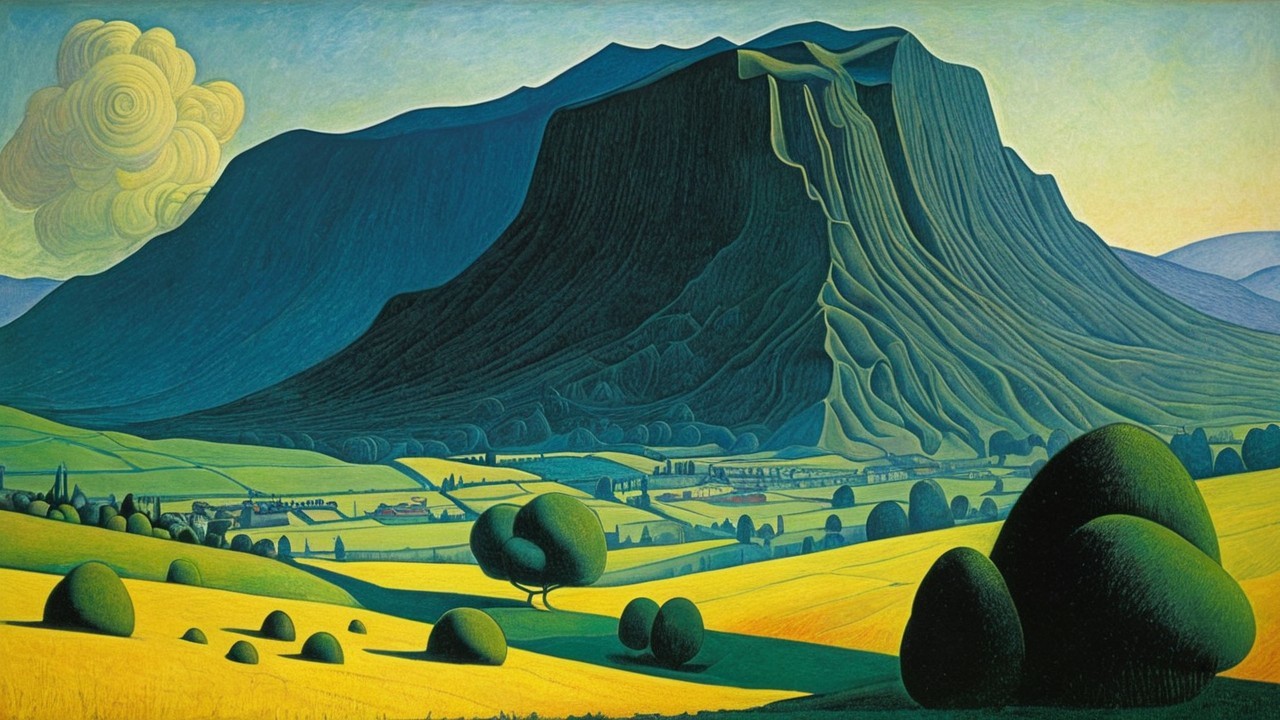 Serene Landscape with Mountain and Rolling Fields