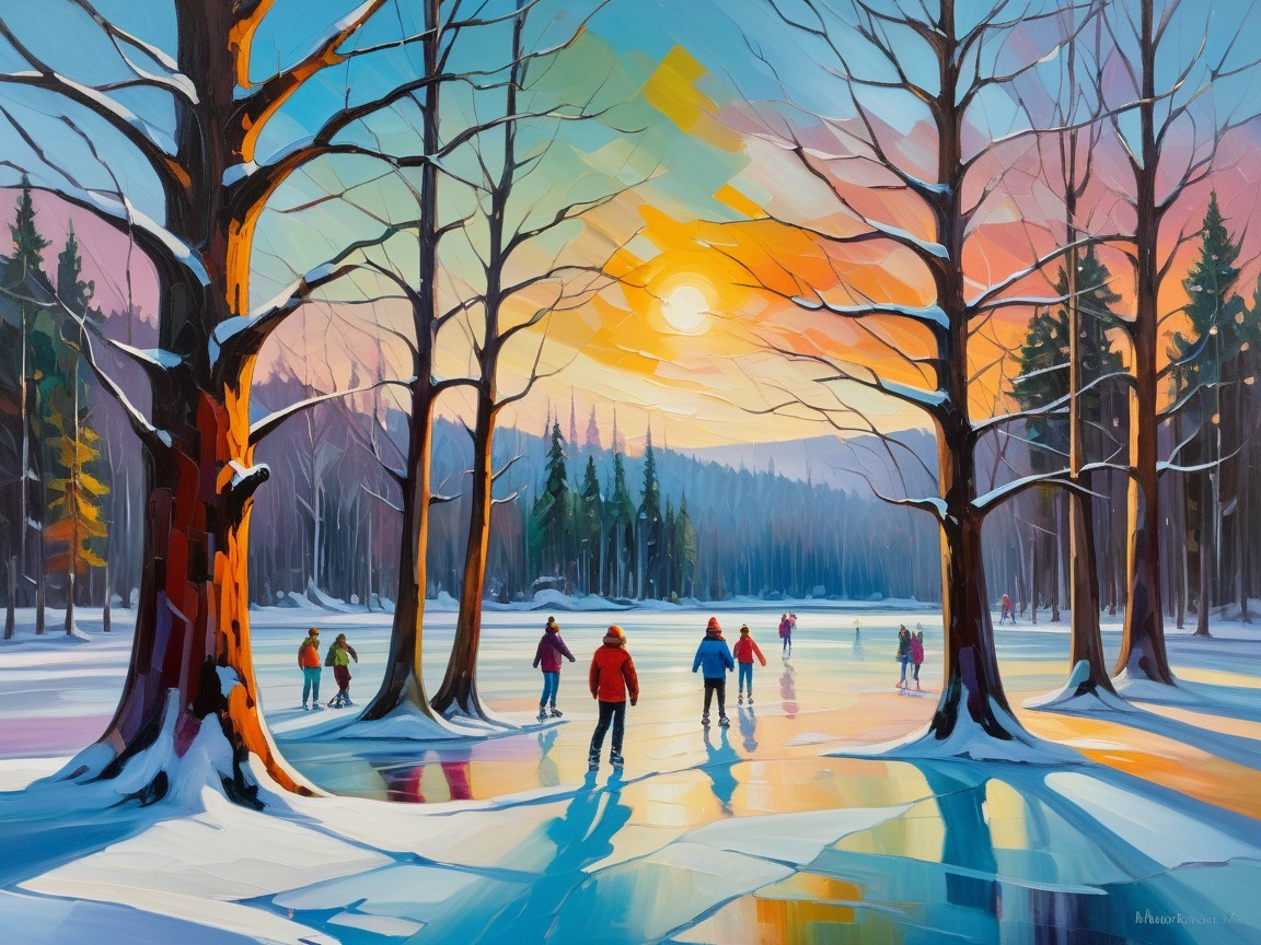 Vibrant Winter Scene with Skaters on Frozen Lake
