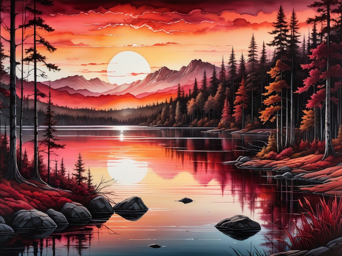 Serene Sunset Landscape with Lake and Mountains