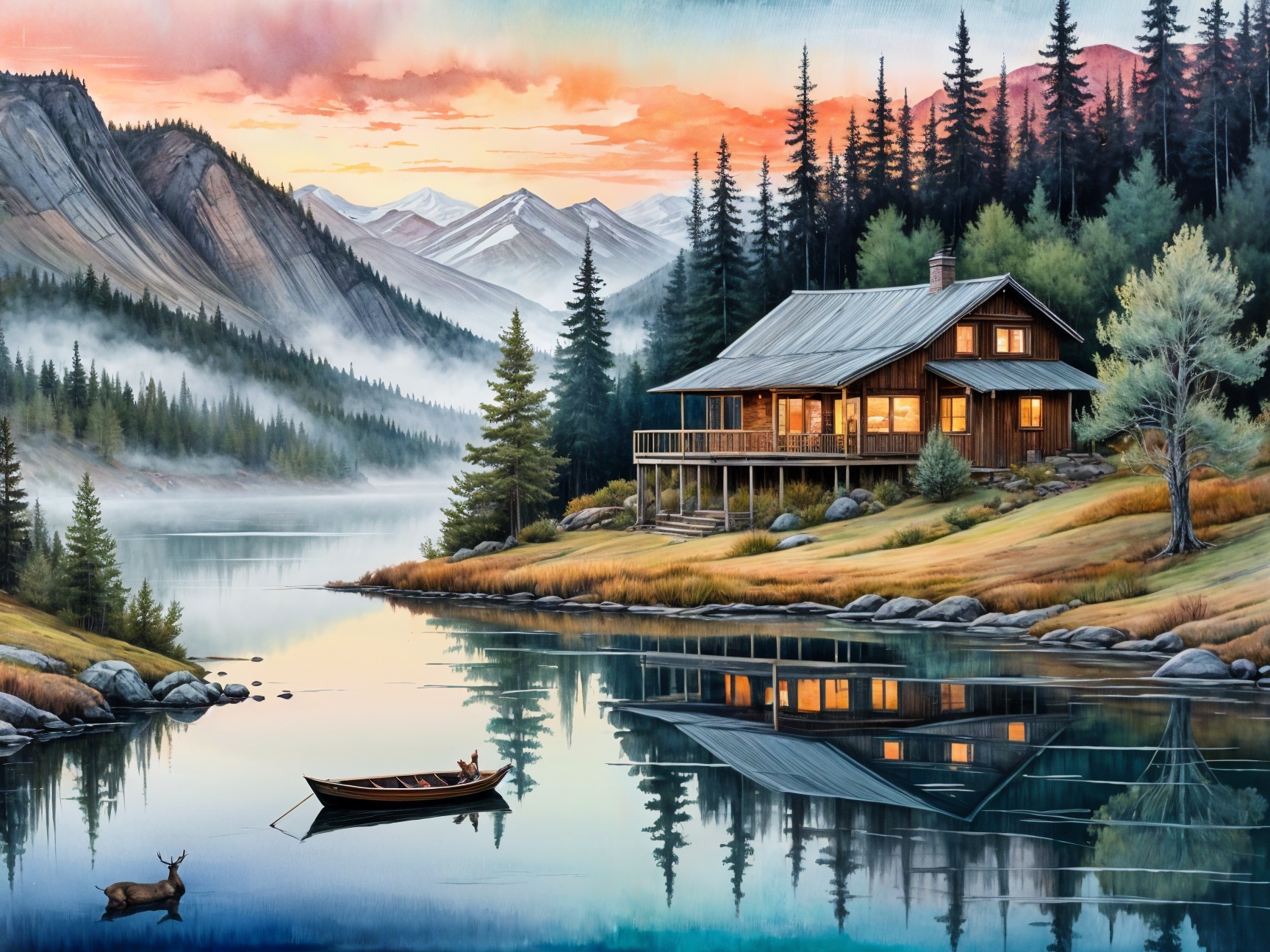 Lakeside Cabin Scene at Sunset with Nature Elements