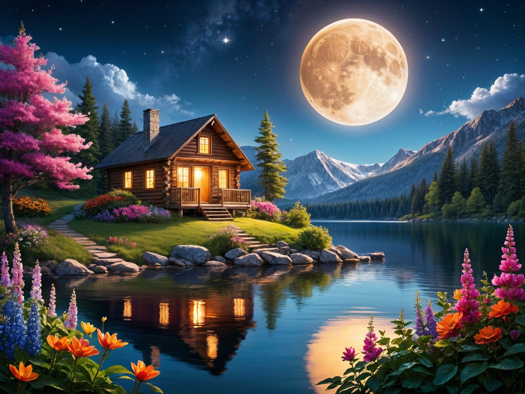 Lakeside Cabin Surrounded by Flowers and Mountains