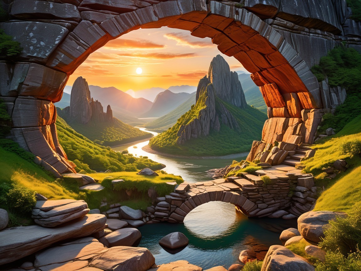 Stunning Valley with Natural Stone Arch and Sunset