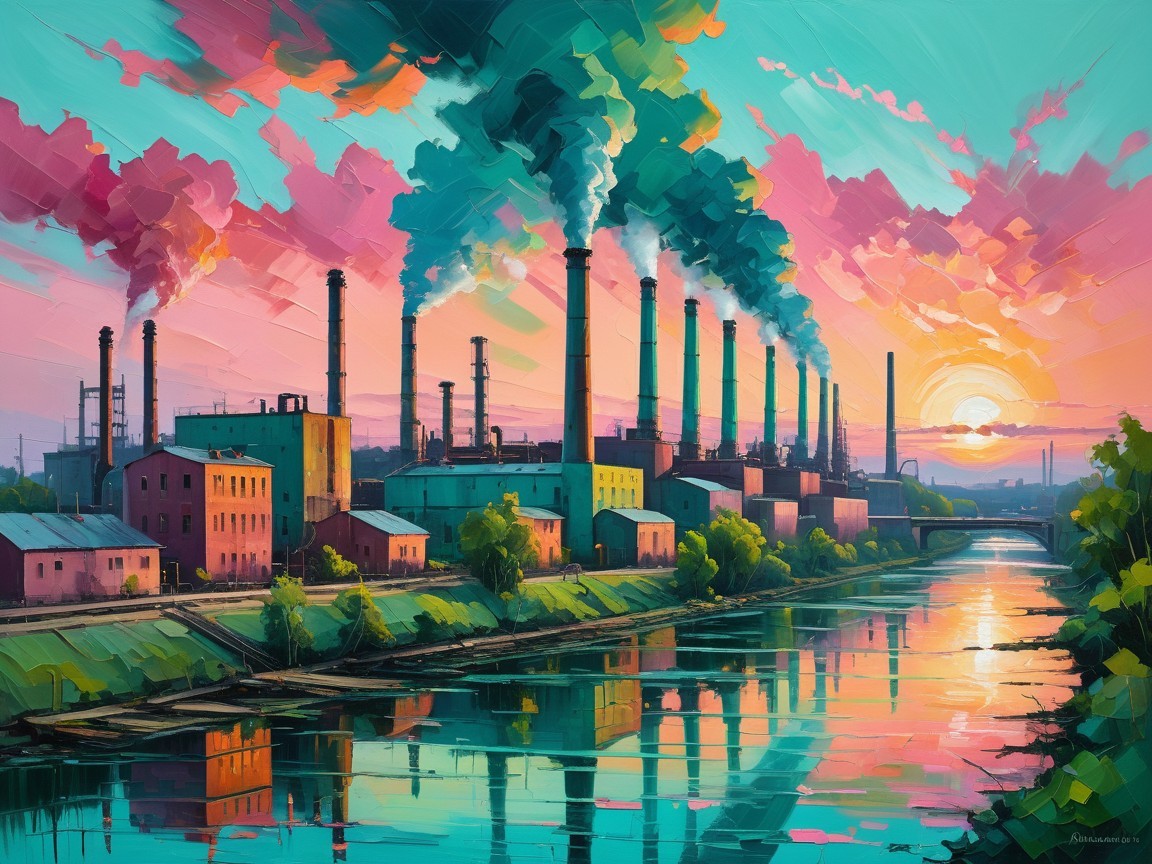 Industrial Landscape at Sunset with Smokestacks and River