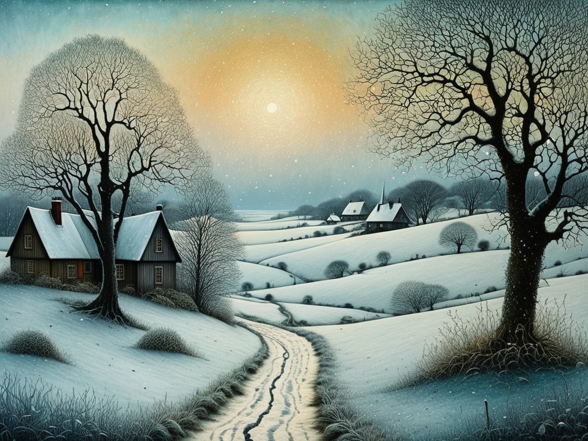 Winter Landscape with Snow-Covered Hills and Cottages