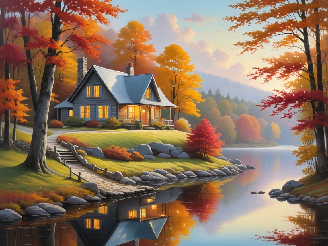 Cozy Cottage by Calm Lake Amidst Autumn Foliage