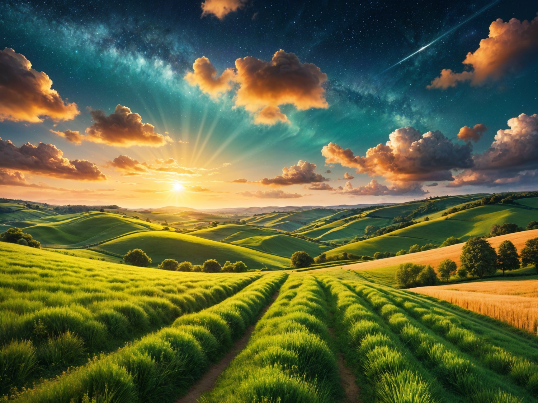 Rolling Green Hills Under Vibrant Sunrise Sky