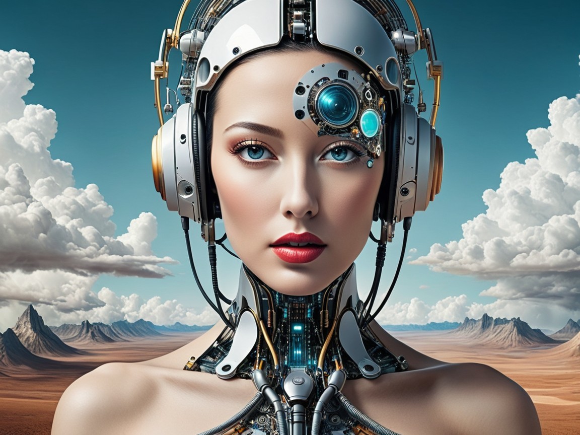 Futuristic Robotic Woman in Desert Landscape