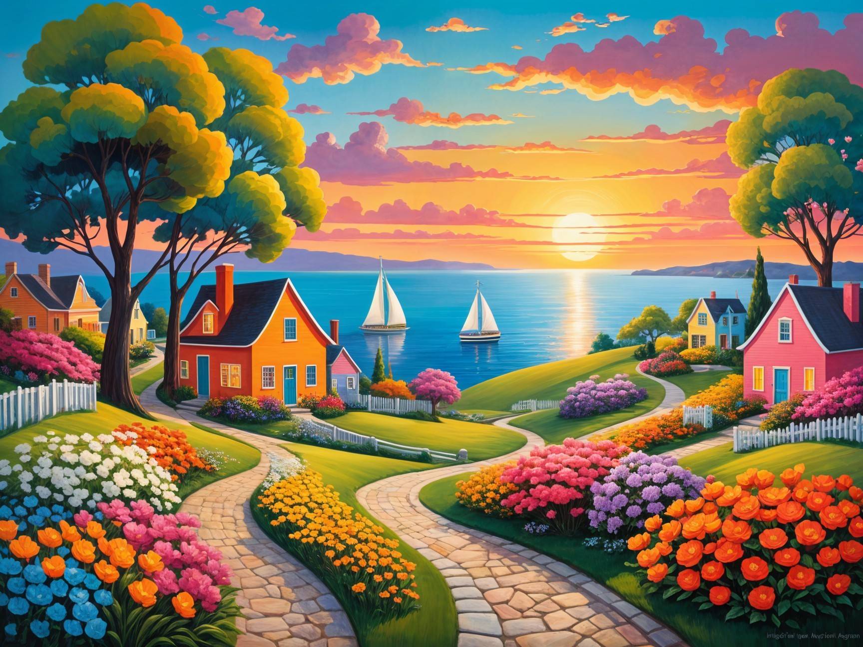 Vibrant Landscape with Colorful Houses and Sunset