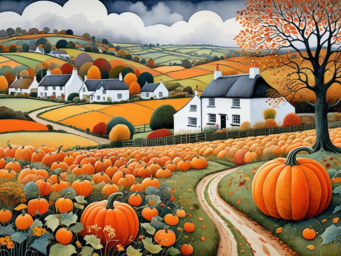 Vibrant Pumpkins in a Cozy Autumn Rural Landscape