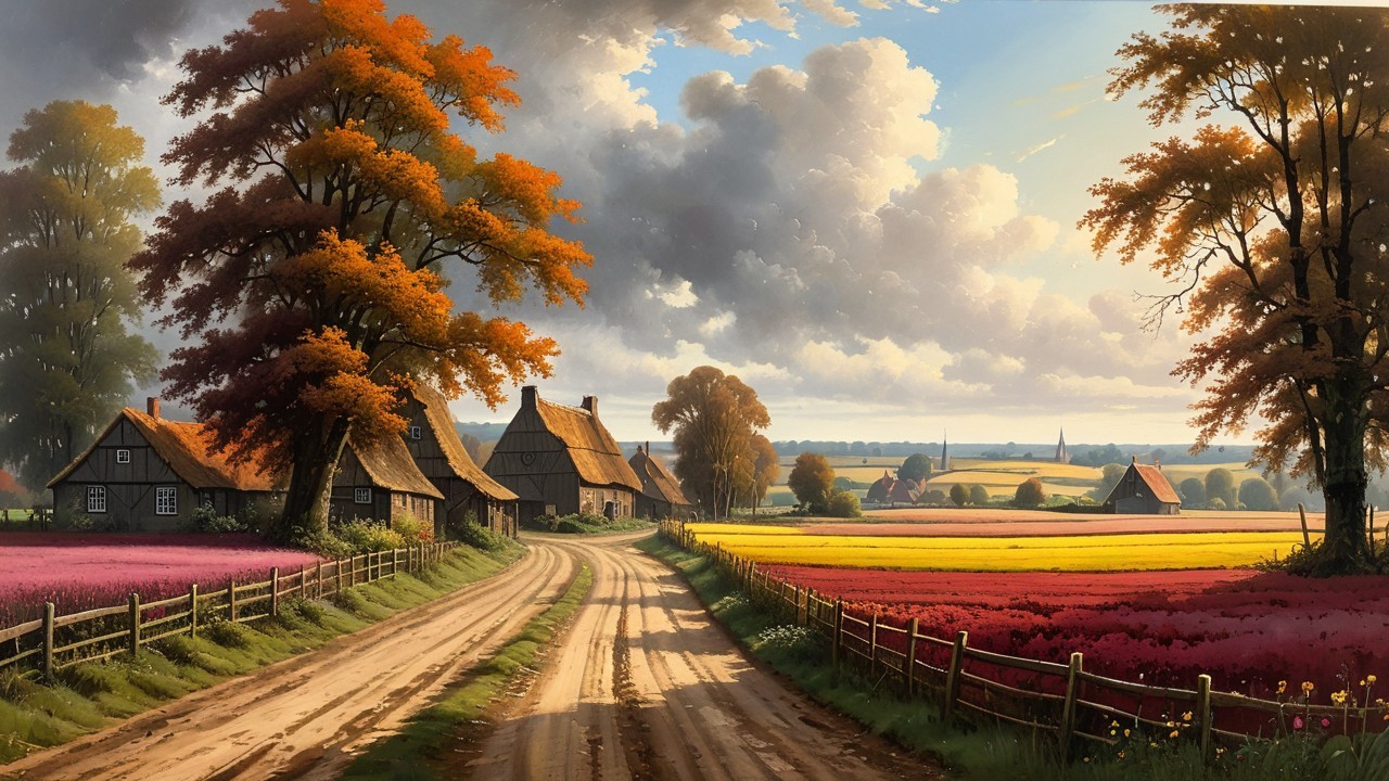 Rural Landscape with Winding Road and Flower Fields