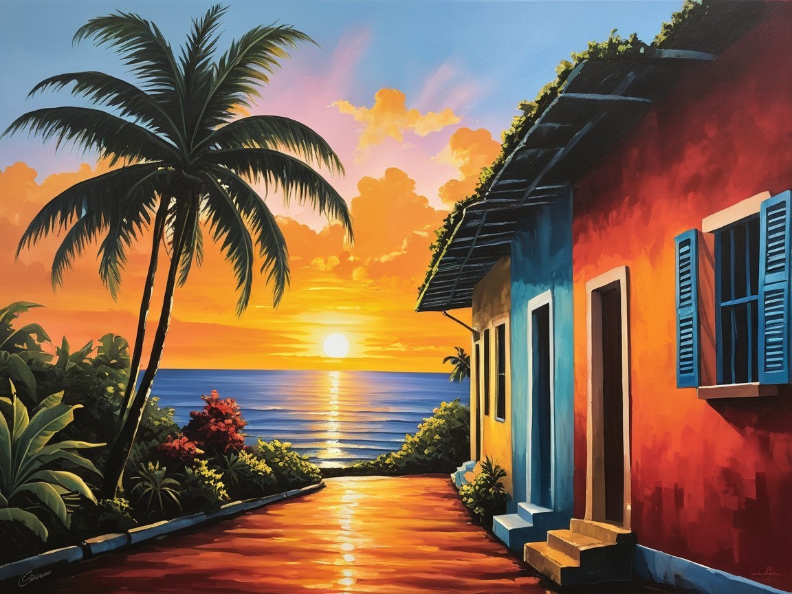 Coastal Sunset Scene with Palm Trees and Colorful House