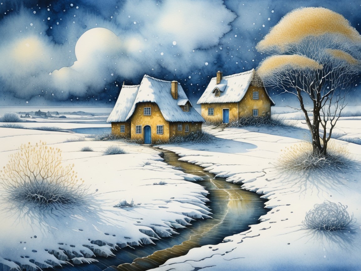 Winter Landscape with Cottages and Starry Sky