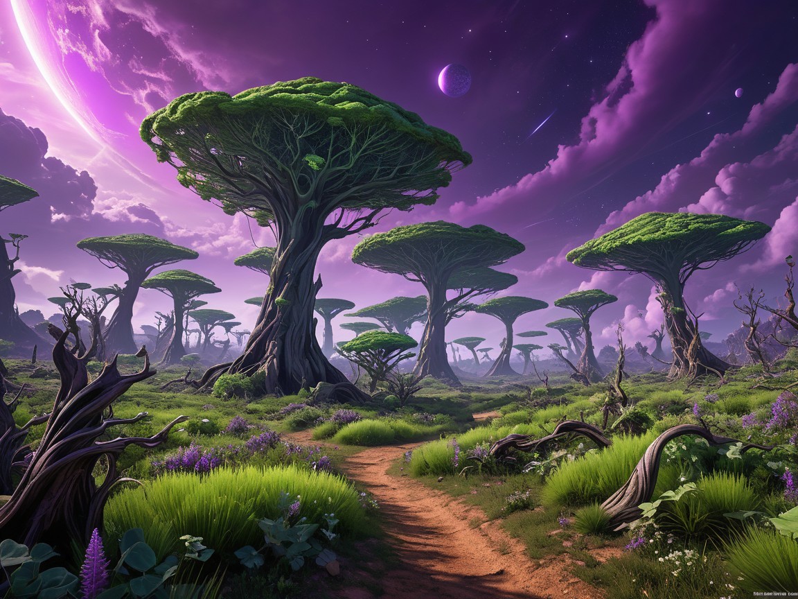 Surreal Landscape with Trees and Purple Sky