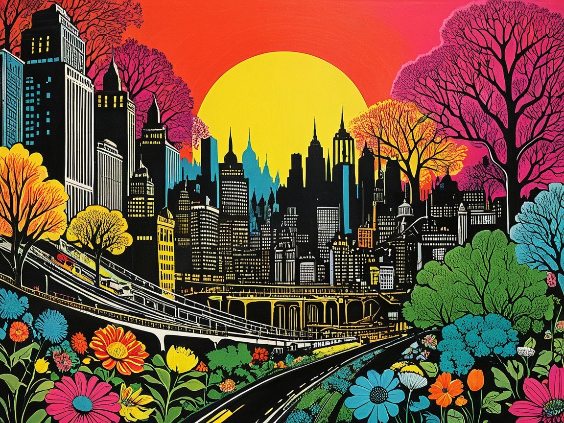 Vibrant Cityscape with Skyscrapers and Nature Elements