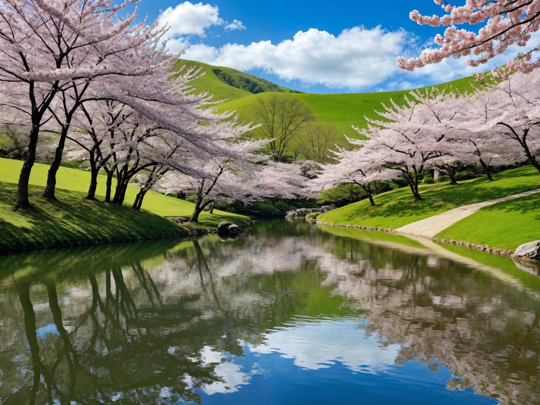 Tranquil River with Cherry Blossoms and Green Hills