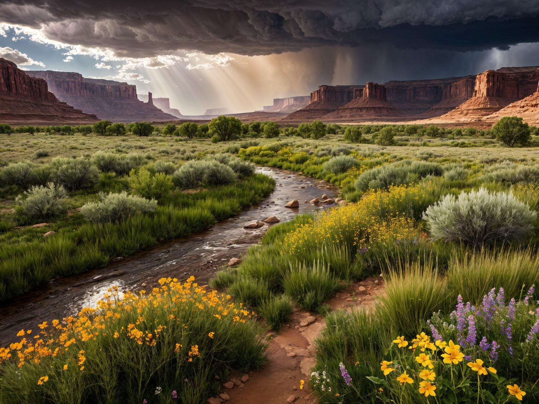 Winding Stream and Wildflowers Amidst Dramatic Landscape