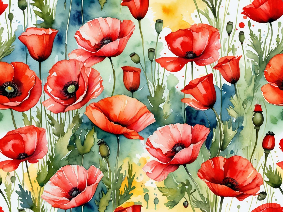 Vibrant Watercolor Depiction of Red Poppies in Bloom