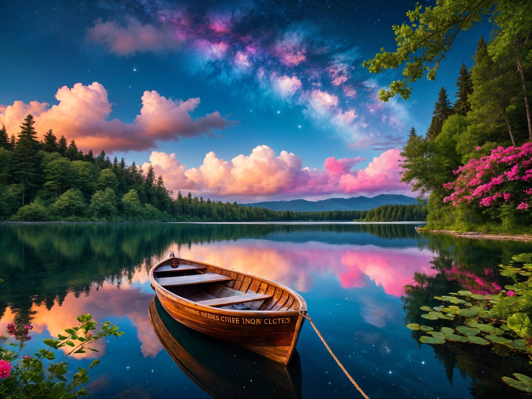 Serene lake with vibrant sky and Milky Way reflection