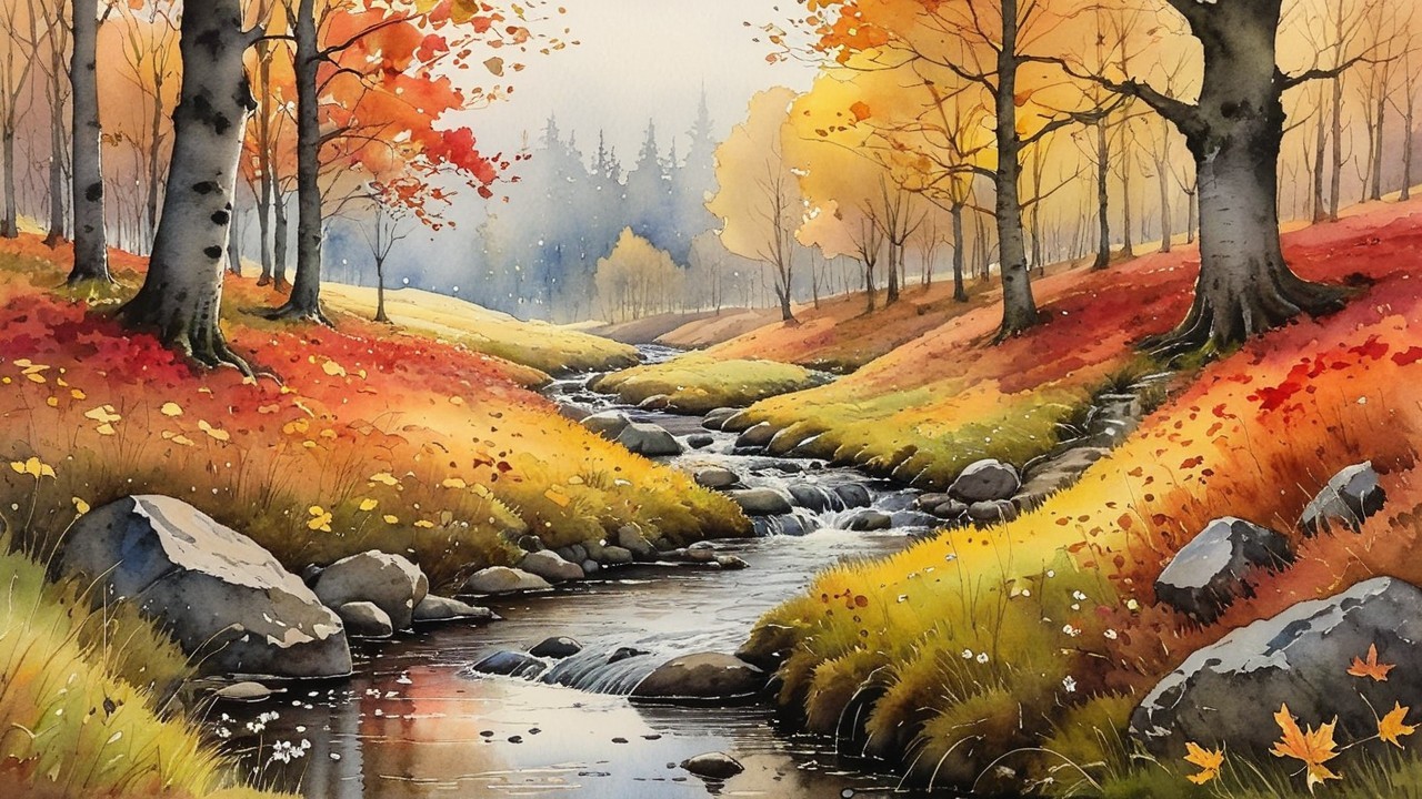 Autumn Landscape with Stream and Colorful Foliage
