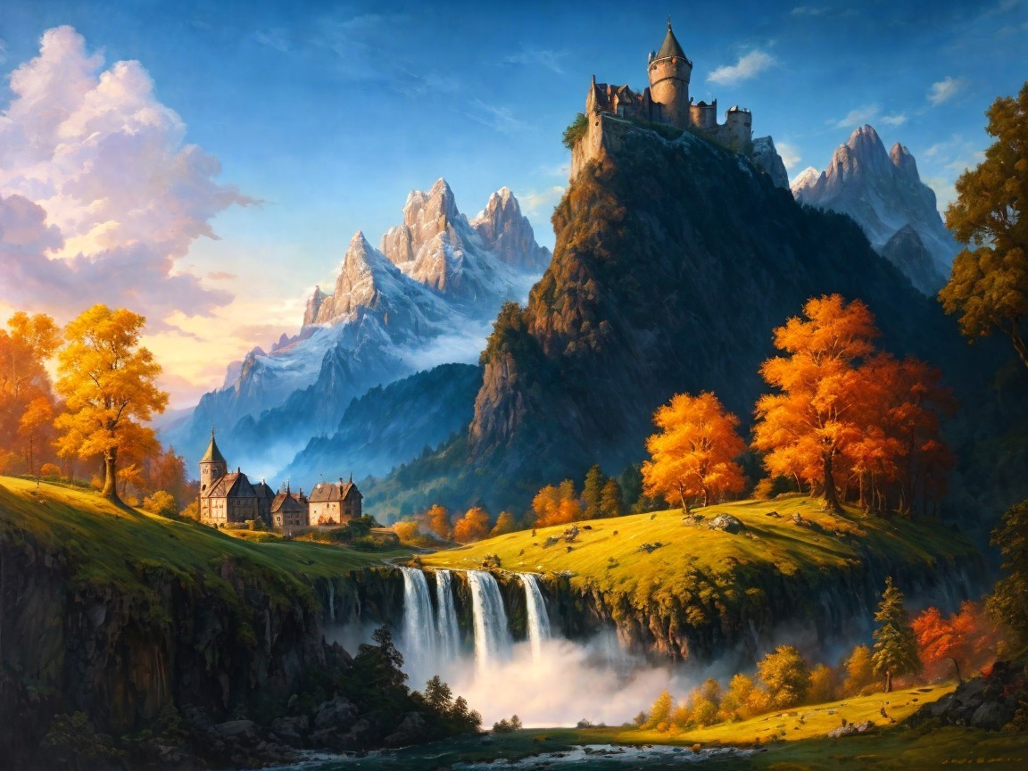 Majestic castle landscape with autumn foliage and waterfall