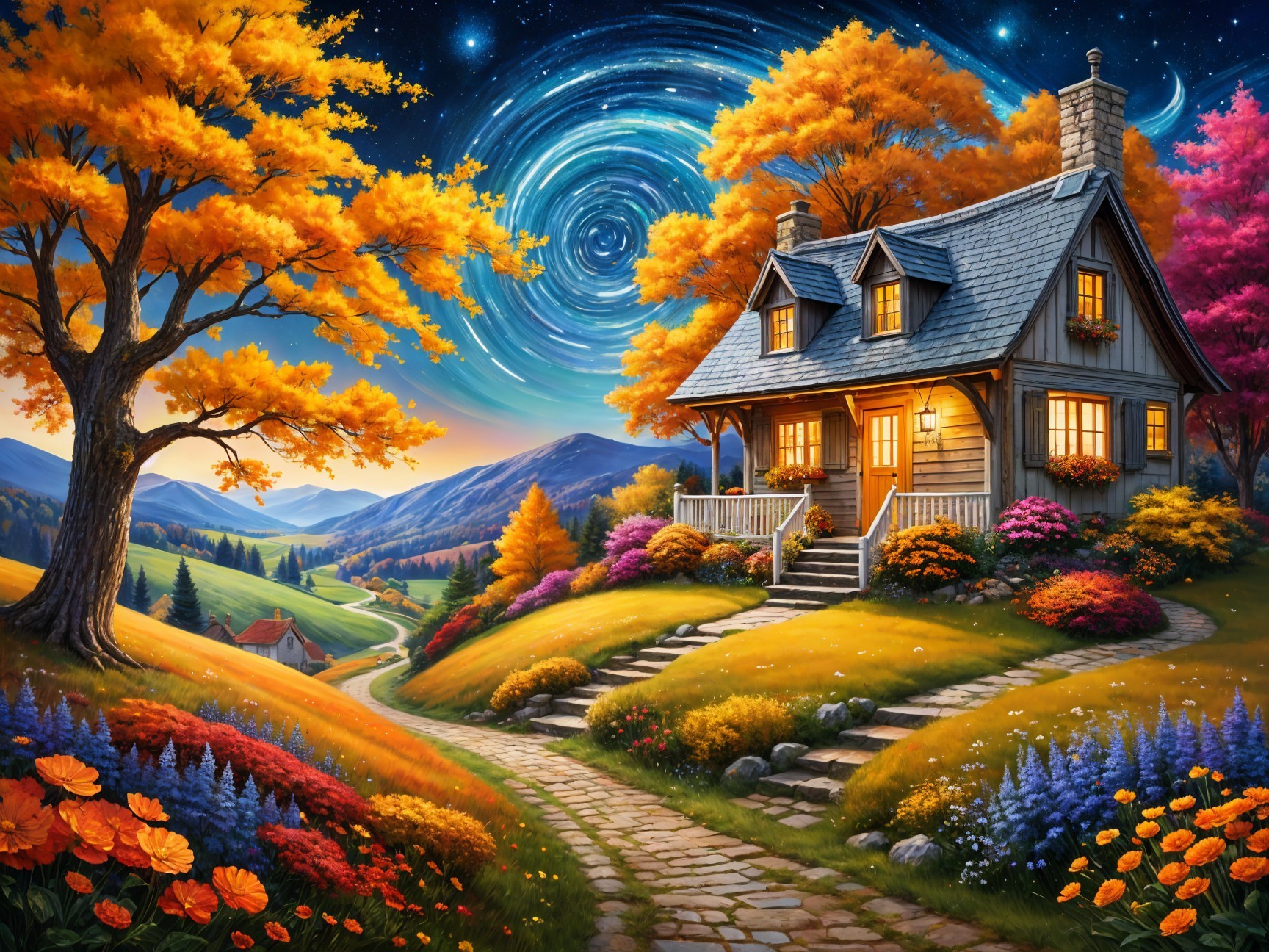 Cozy Wooden Cottage in Vibrant Autumn Landscape