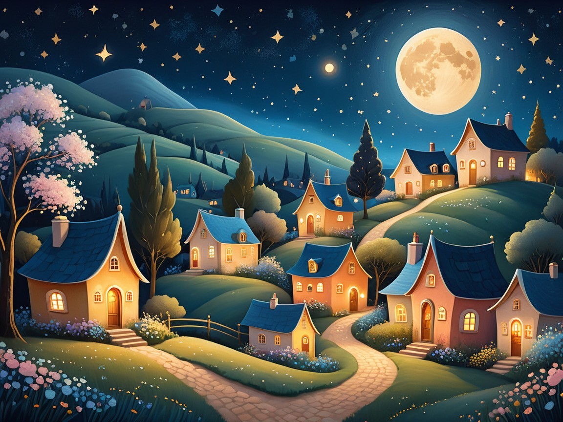 Charming Village Night Scene with Glowing Moonlight