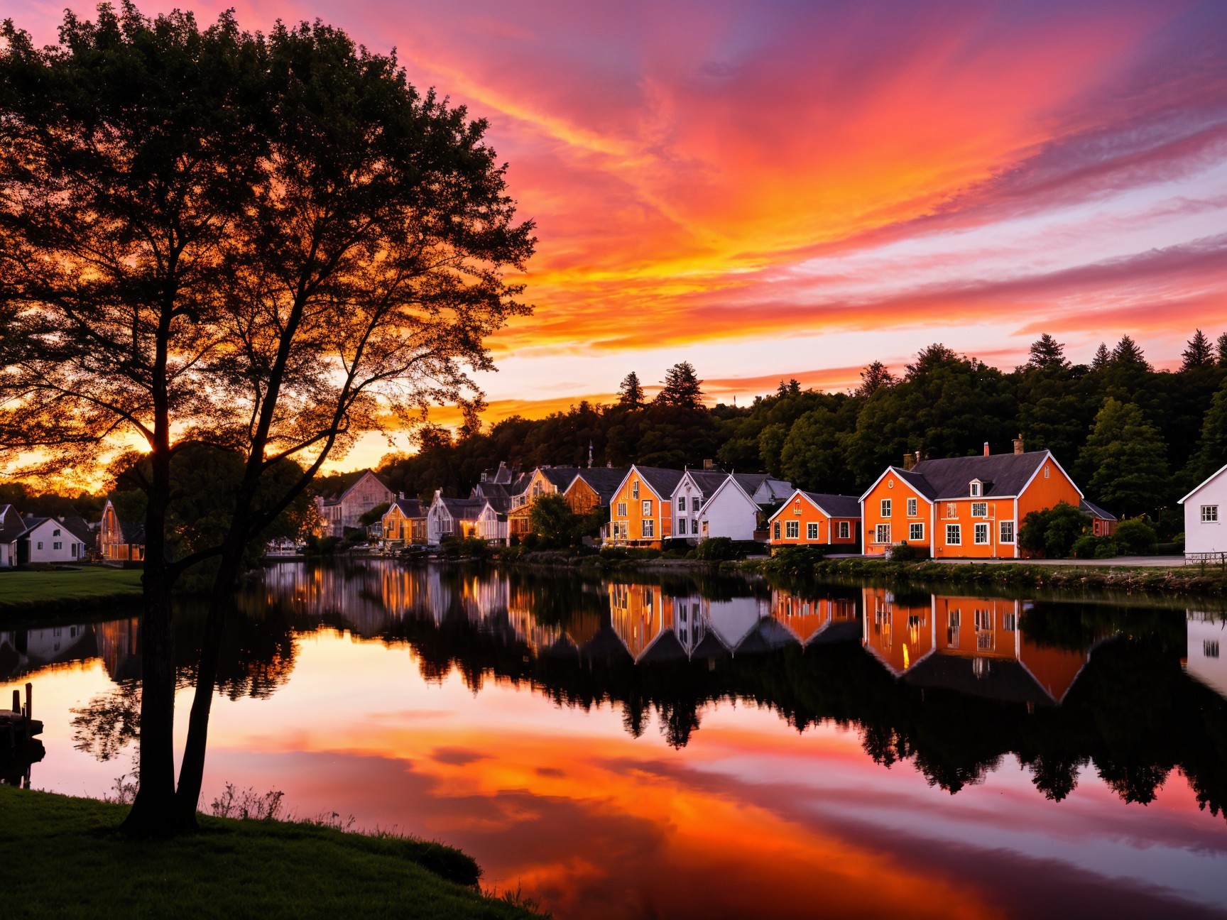 Vibrant sunset over a serene waterfront town