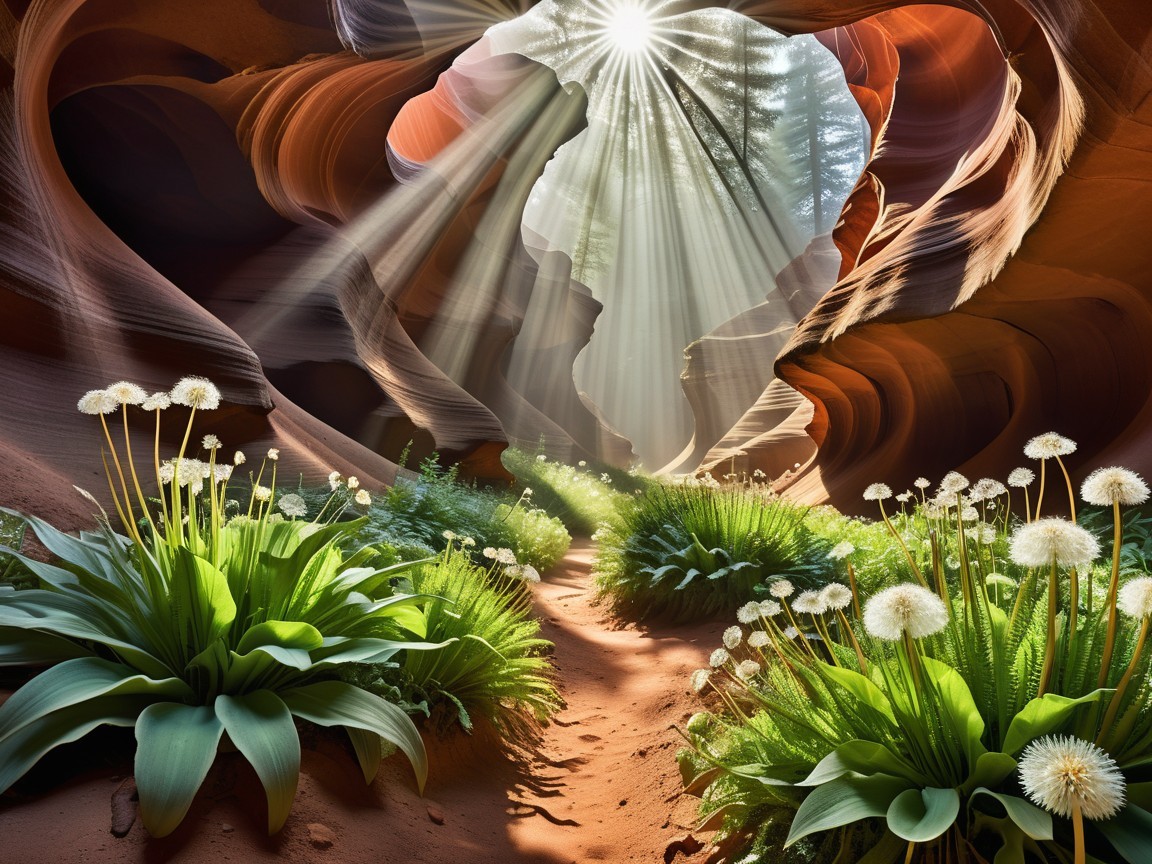 Sunlit Canyon with Winding Rock Formations and Greenery