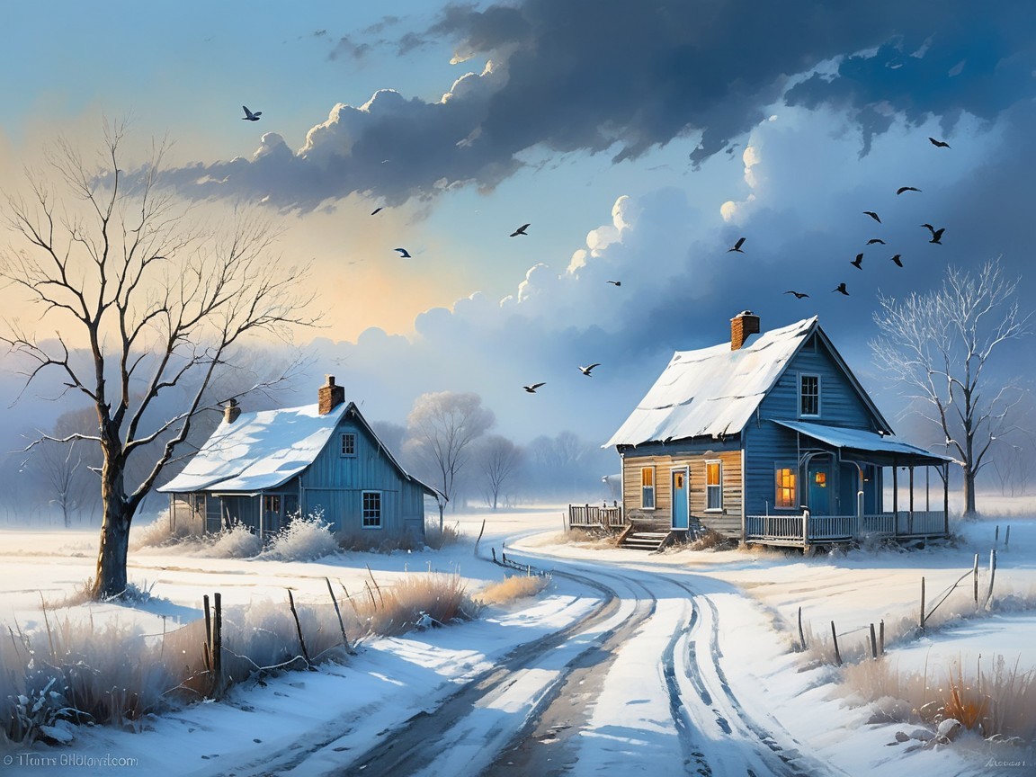 Serene Winter Landscape with Houses and Snowy Field