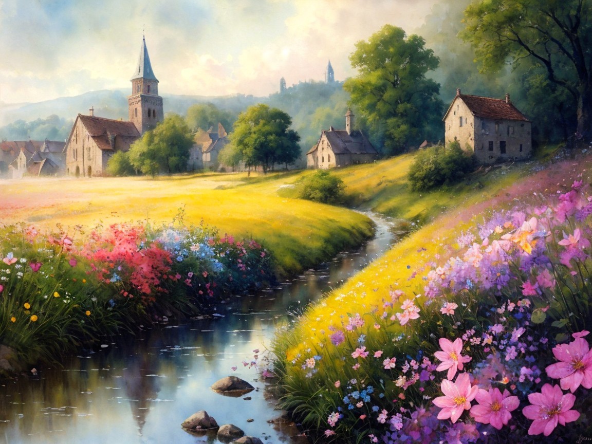 Serene River Landscape with Wildflowers and Cottages
