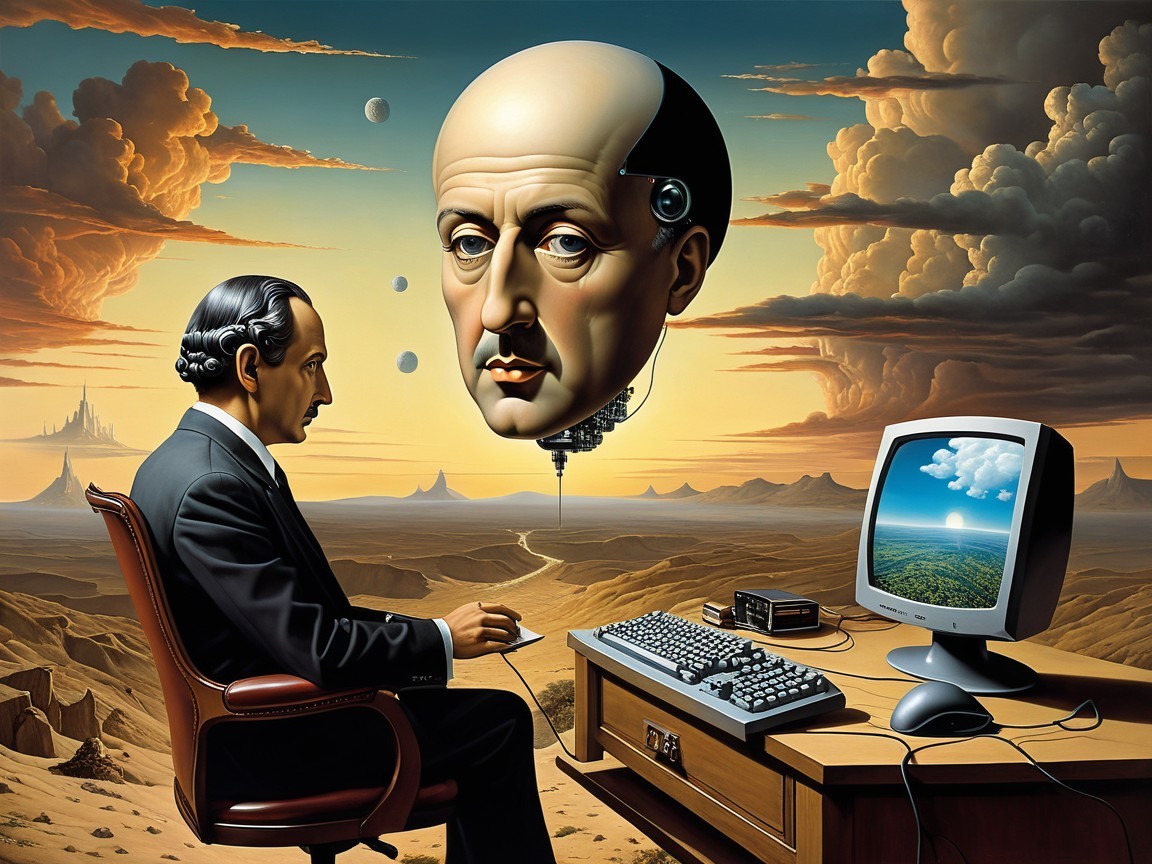 Surreal Scene of Man at Vintage Computer in Desert