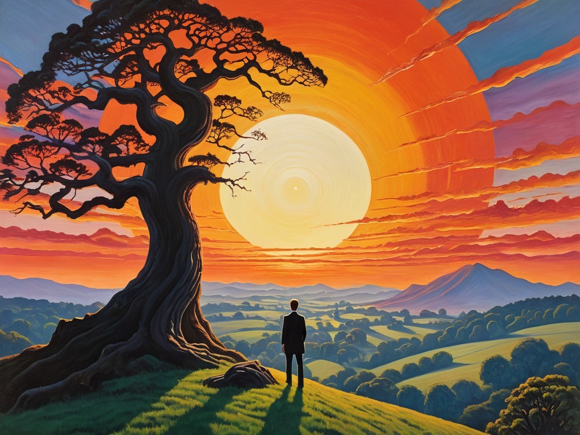 Man in Suit Silhouetted Against Vibrant Sunset Landscape