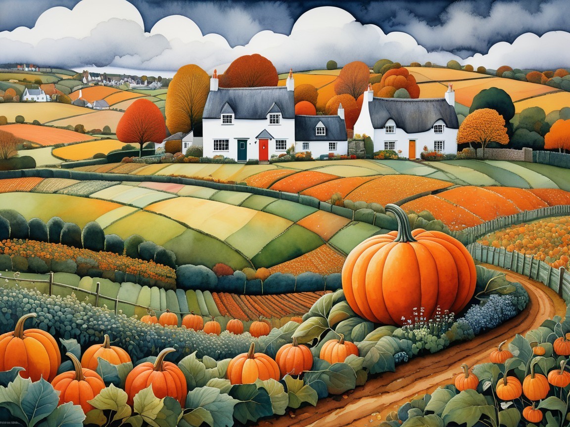 Vibrant Autumn Landscape with Farmhouse and Pumpkins