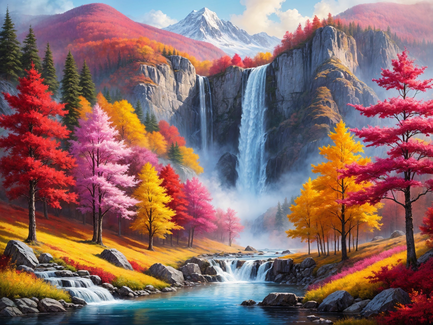 Autumn Landscape with Colorful Foliage and Waterfall