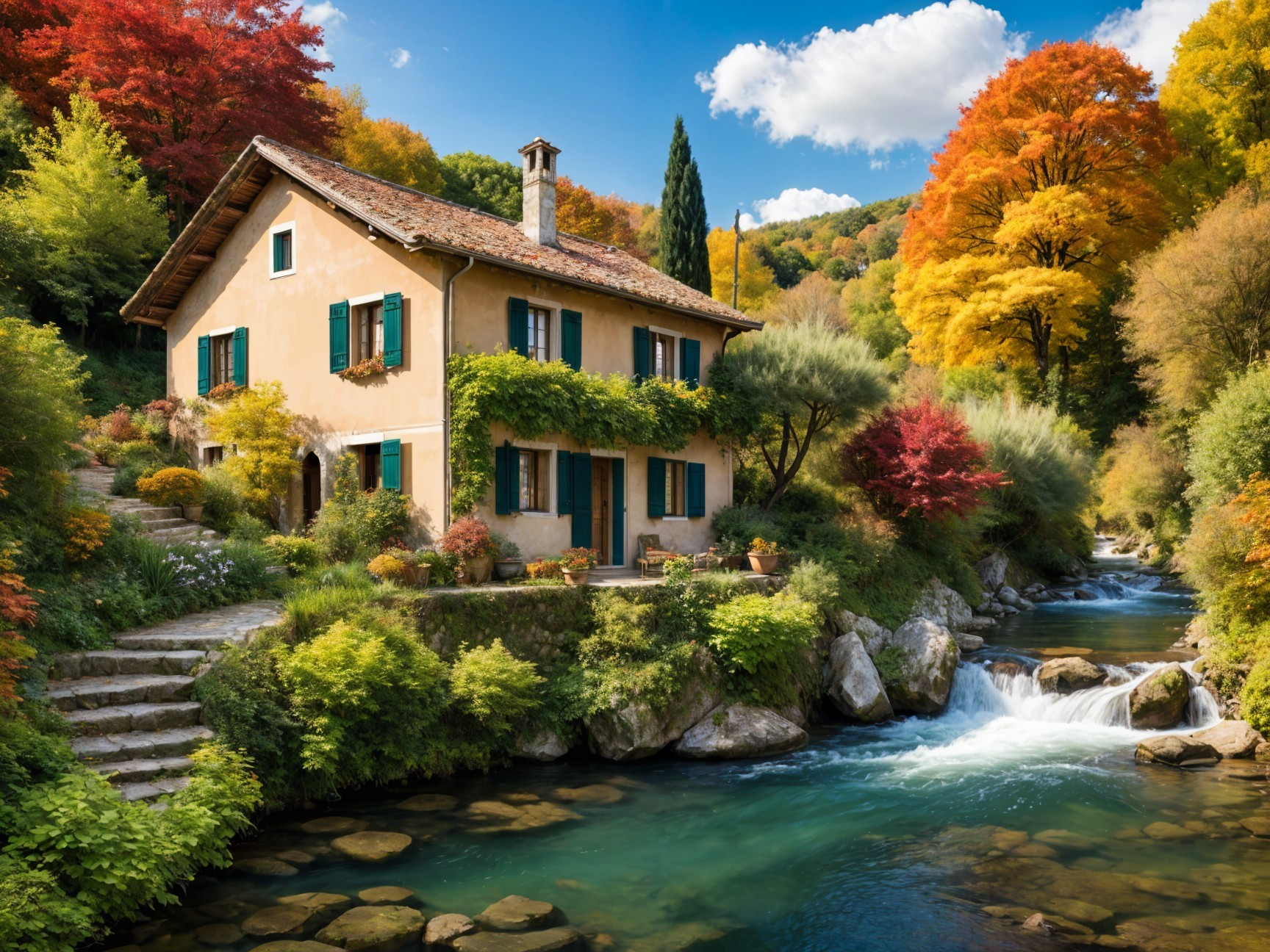 Charming House by Stream with Autumn Foliage