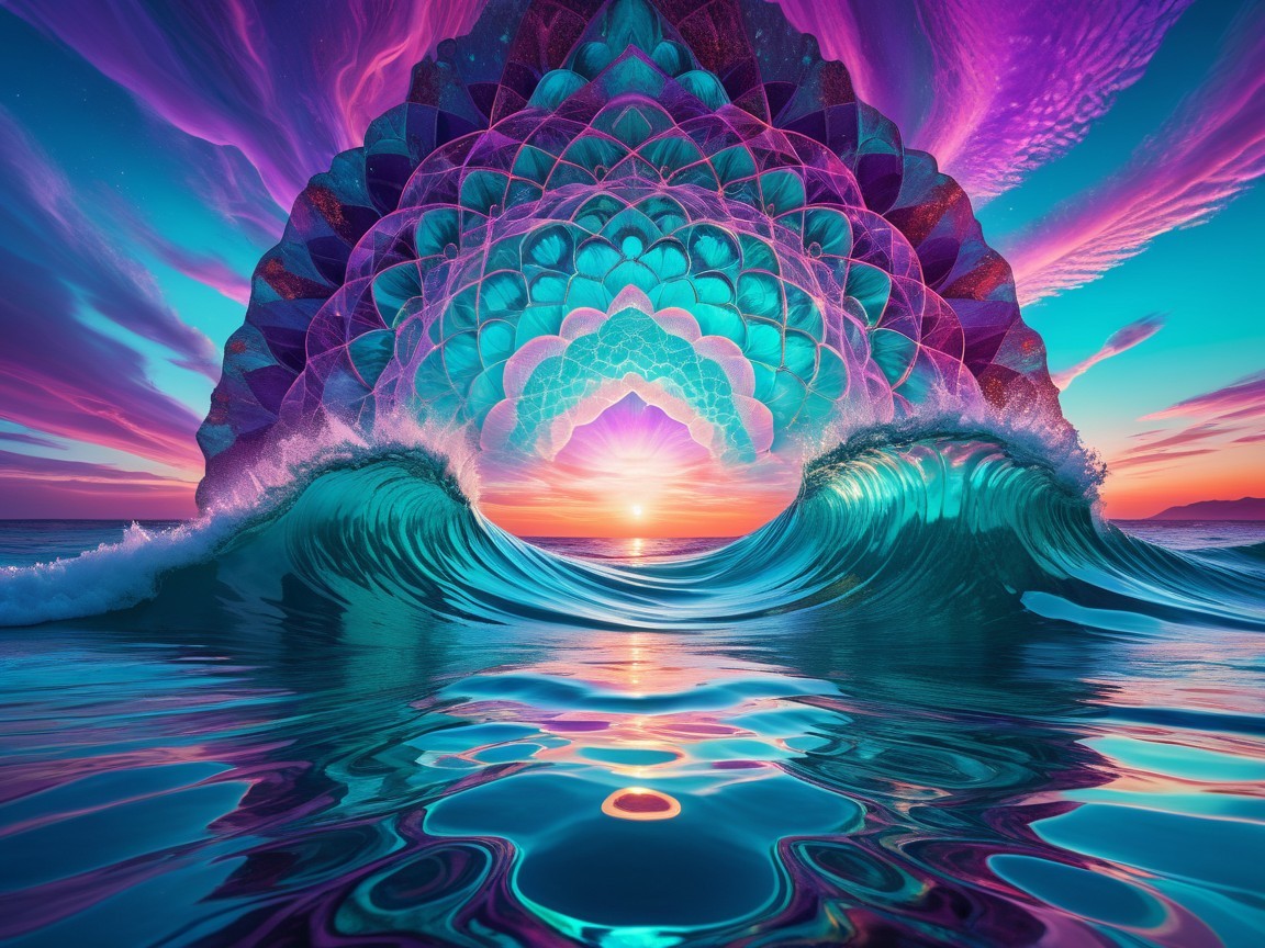 Surreal Artwork of Ocean Waves and Mandala Patterns