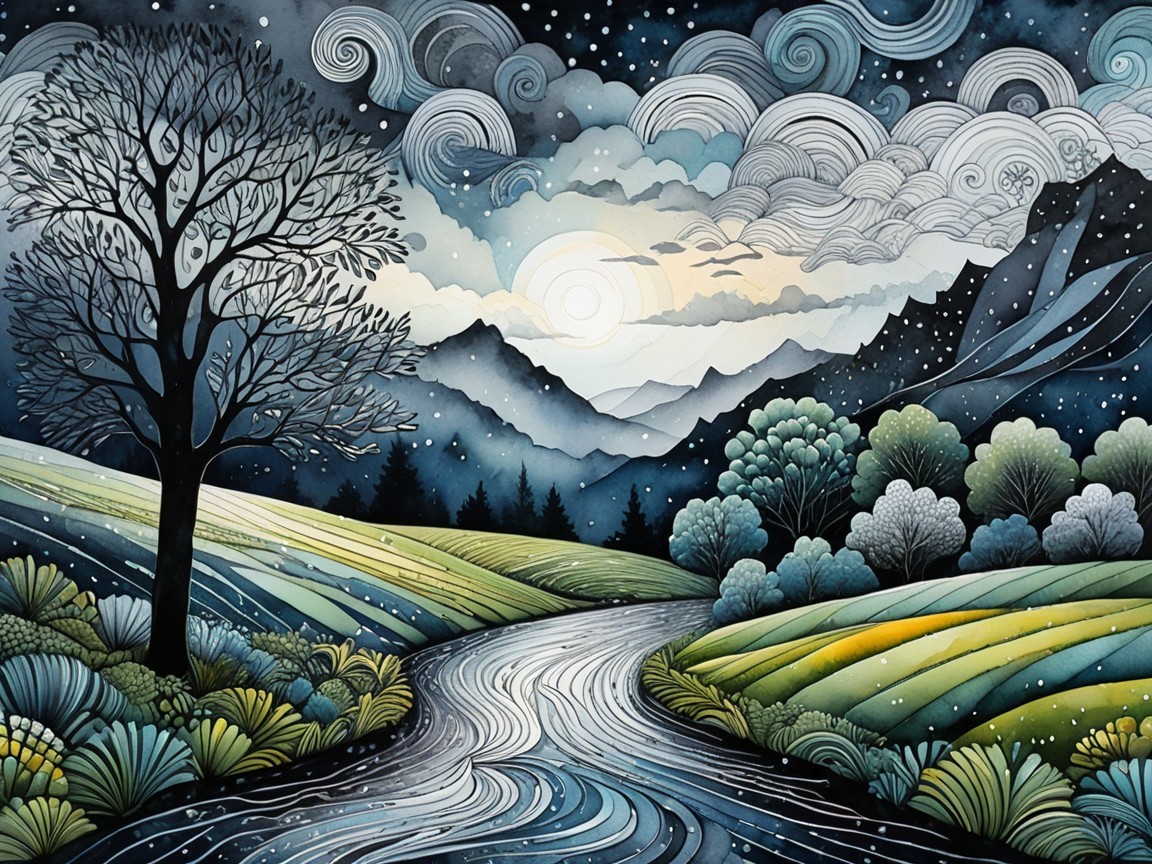 Serene Landscape with River and Moonlit Mountains