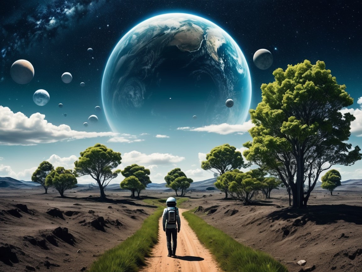 Astronaut Walking on Path with Cosmic Landscape Above