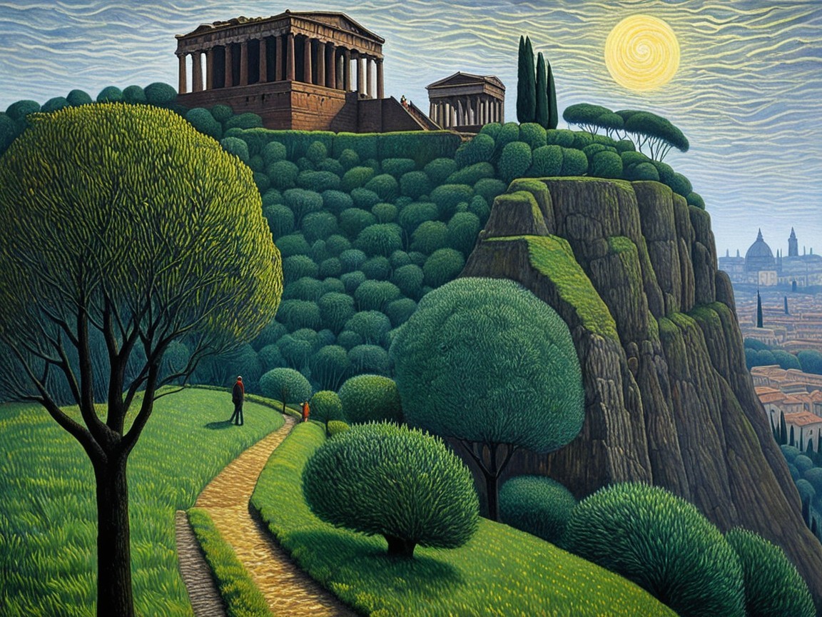 Serene Landscape with Hill, Trees, and Ancient Structures