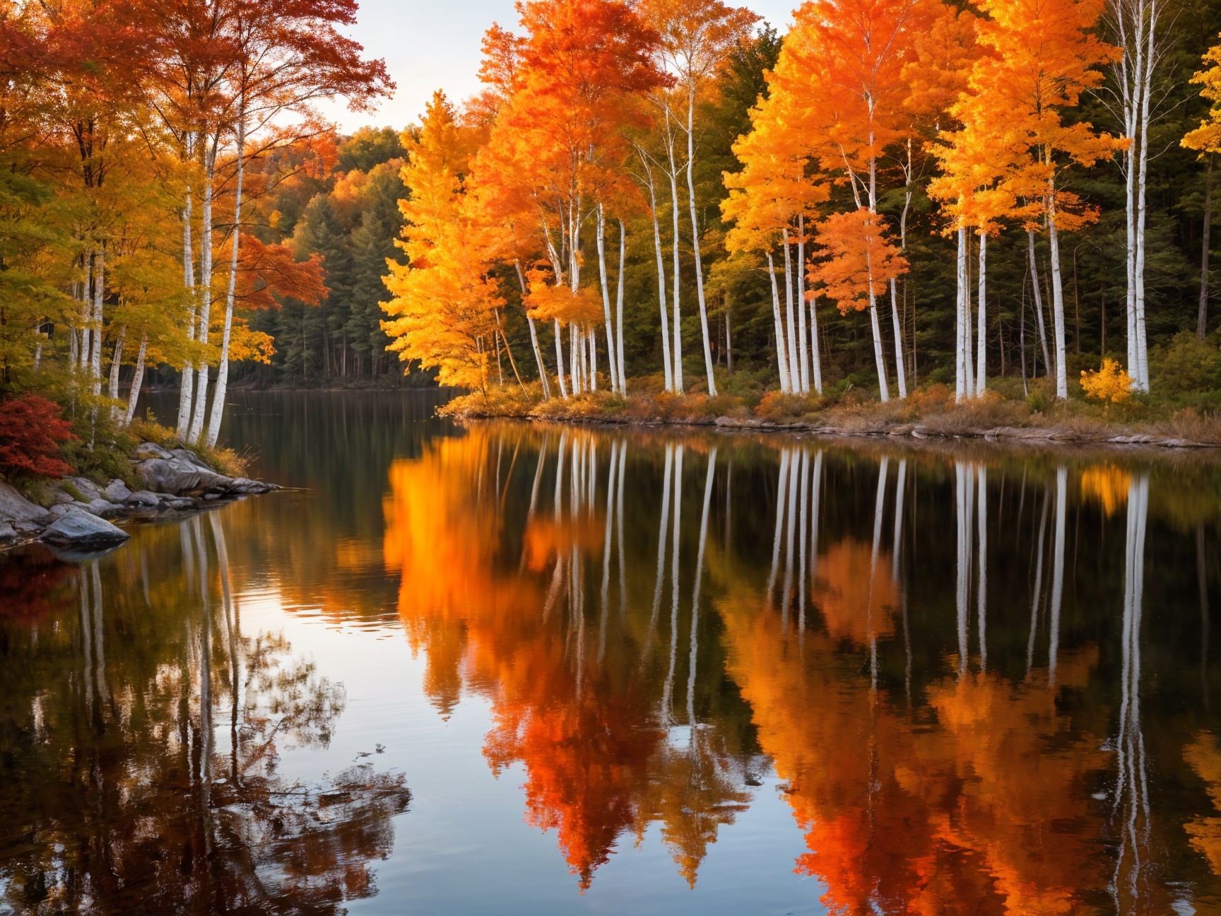 Serene Lake with Vibrant Autumn Foliage Reflection