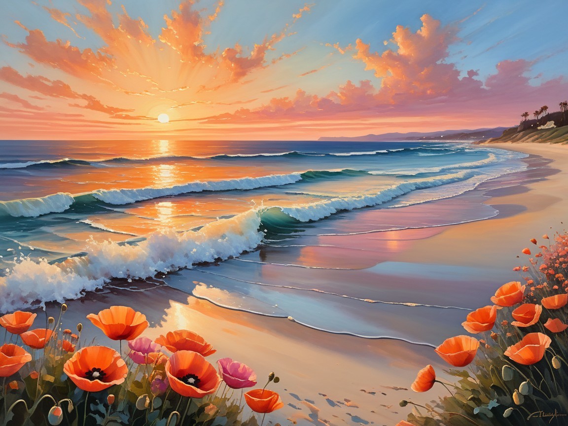 Vibrant Beach Scene with Sunset and Red Poppies