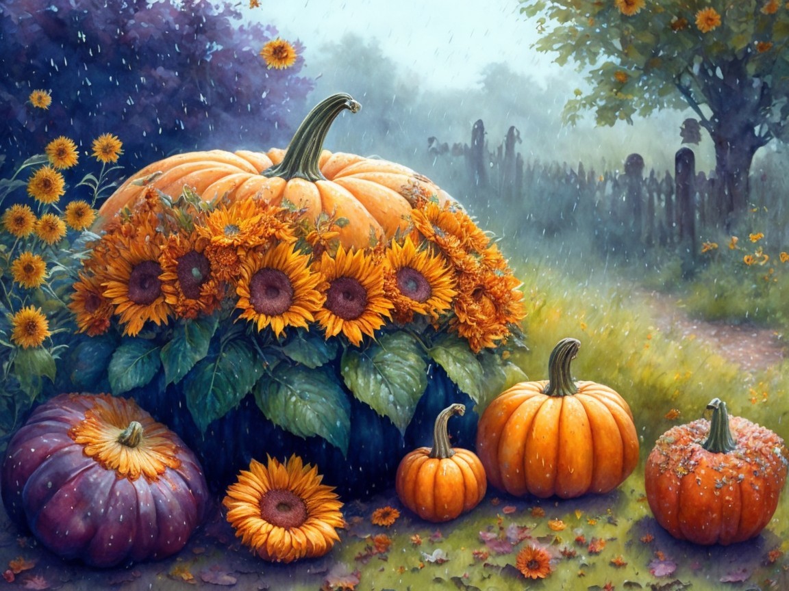 Vibrant Pumpkin and Sunflowers in Autumn Landscape