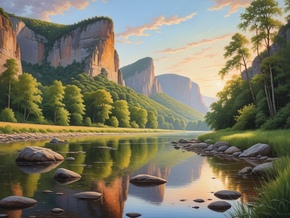 Tranquil Landscape with Winding River and Cliffs