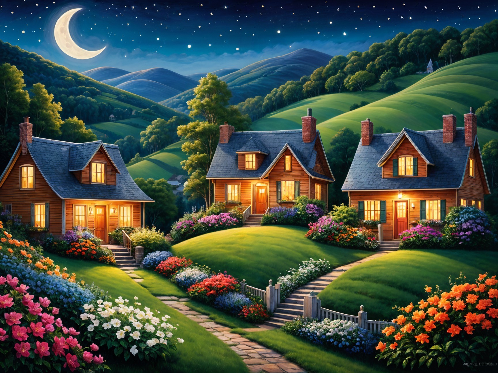 Charming Wooden Houses in a Serene Night Scene
