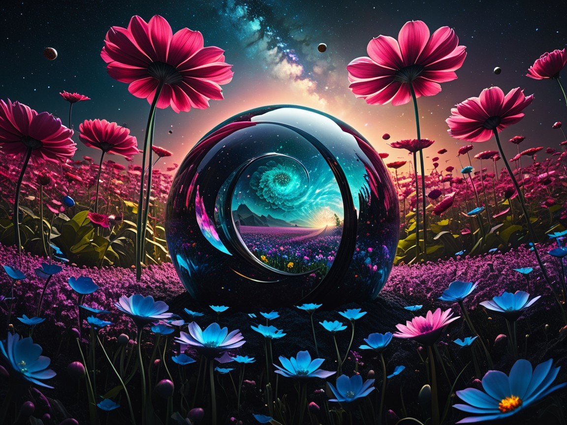Vibrant Surreal Landscape with Colorful Flowers and Sphere