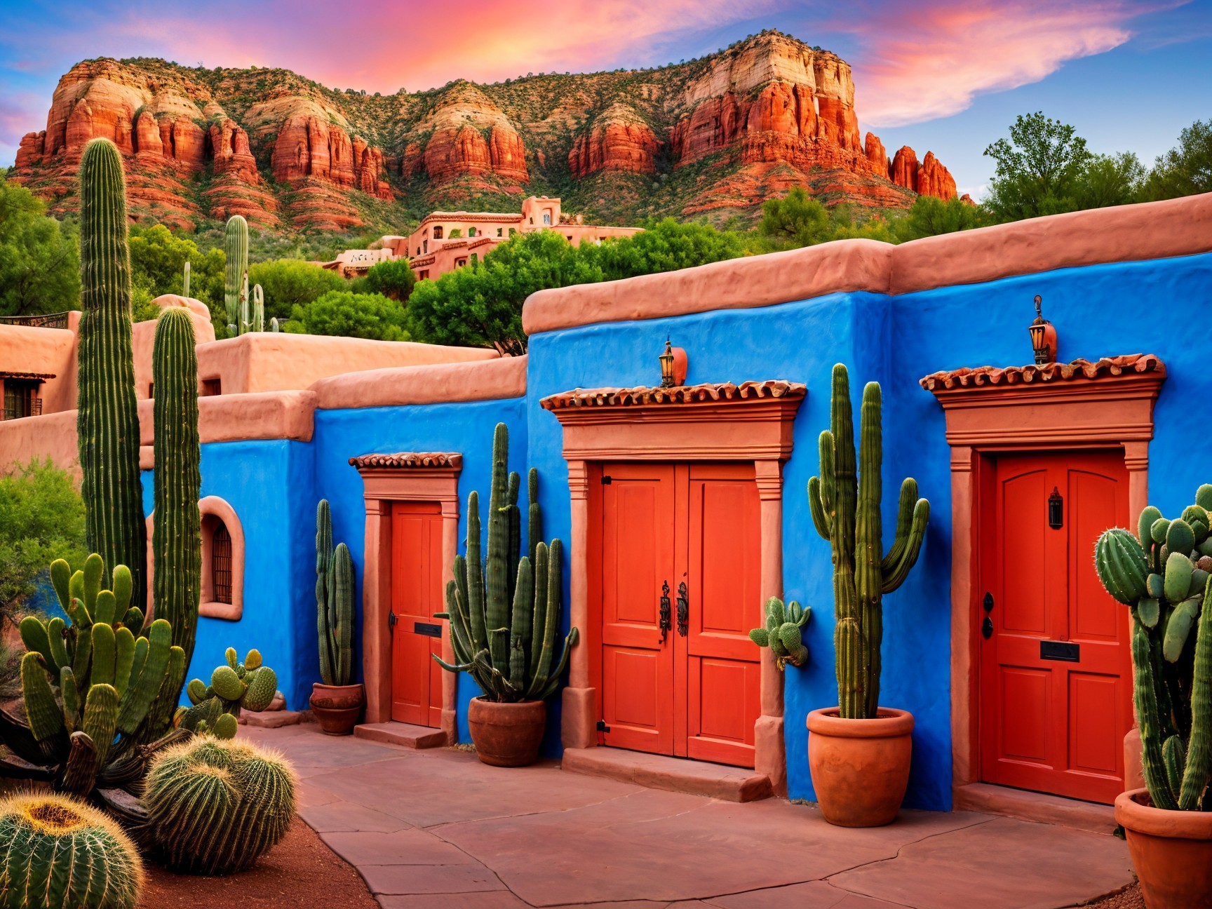 Vibrant Blue Adobe Walls and Orange Doors in Sedona